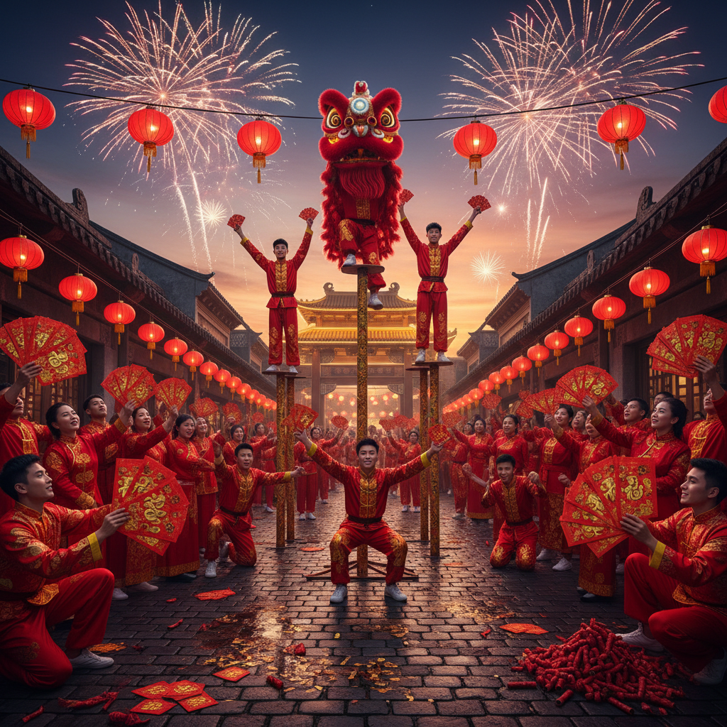 A vibrant scene featuring red envelopes, fireworks, and a lion dance, using red and gold as dominant colors to symbolize the Spring Festival.