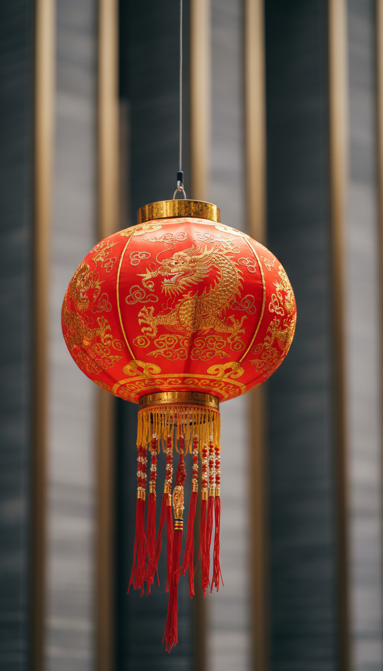 A close-up, high-detail shot of a vibrant red and gold silk lantern suspended in mid-air, its hand-embroidered patterns and dainty fringe catching the light. The lantern floats in front of a gracefully blurred backdrop composed of subtle hints of modern Chinese architectural elements in soft focus, maintaining a muted and refined color scheme. Illuminated by gentle, diffused natural sunlight, the lantern’s surface displays a soft sheen, while faint shadows create a sense of depth. The image is composed with a shallow depth of field and a slightly off-center crop, embracing a minimalist, sophisticated photographic style that accentuates the lantern as a timeless festival icon.