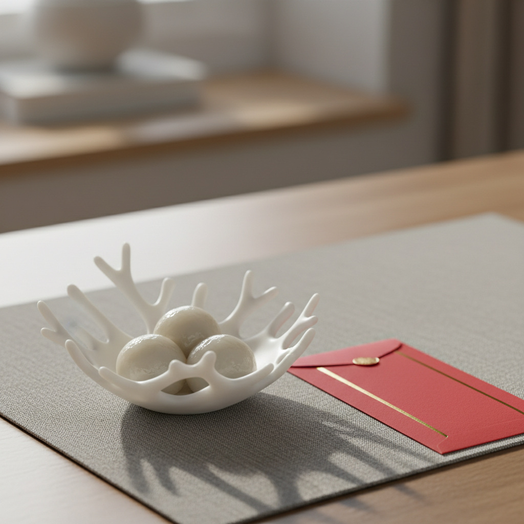 A delicate, crystalline white porcelain dish containing three translucent glutinous rice balls (tangyuan) sits atop a fine-textured linen table runner in reserved grey, accented with a minimalist gold-trimmed red envelope beside it. Soft, diffused morning light from an unseen window creates subtle highlights on the glossy rice ball surfaces and soft shadows across the scene. The atmosphere is peaceful and refined, evoking a quiet moment of festival tradition. The shot is composed at eye level with a focus on the dish and its elegant lines, using a shallow depth of field to subtly blur the serene background. The overall look is photographic, minimalist, and perfectly tailored to sophisticated educational storytelling.