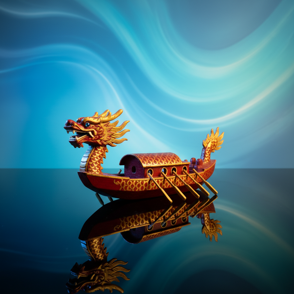 A hand-painted, miniature wooden dragon boat with refined gold accents and detailed scales rests on a polished, reflective black surface, surrounded by an abstract suggestion of swirling water created by subtle, soft blue gradients on the backdrop. The lighting is a mix of cool and warm balanced studio lights, producing gentle highlights along the hull and oars while maintaining a soft, sophisticated shadow beneath. The mood is contemplative and immersive, inviting viewers to appreciate the cultural artistry associated with the Dragon Boat Festival. Photographed at a low angle with the dragon boat gently off-center, the image demonstrates an artful, minimalist composition consistent with the site’s modern educational style.